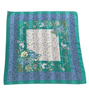 Vintage Floral Paisley Silk Scarf Blue Green Botanical Print Designer Accessory